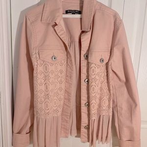 baby pink jean jacket with lace on sides/back